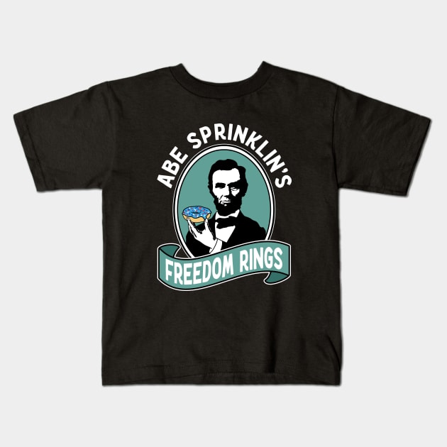 Funny Abraham Lincoln Freedom Ring Donuts Kids T-Shirt by Huhnerdieb Apparel